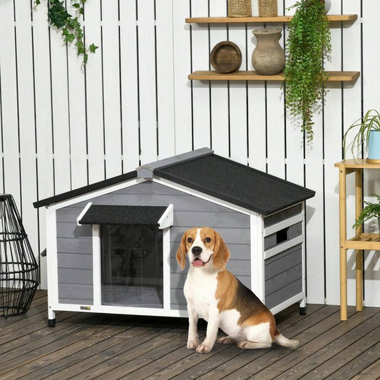 PawHut Casetta per Cani Taglia Piccola e Media in Legno di Abete, Design Rialzato con Tenda Protettiva, 2 Finestre e Fondo Rimovibile, 109x79x72 cm