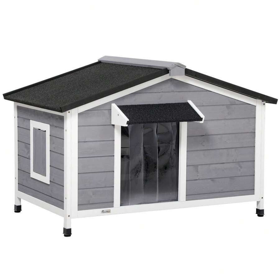 PawHut Casetta per Cani Taglia Piccola e Media in Legno di Abete, Design Rialzato con Tenda Protettiva, 2 Finestre e Fondo Rimovibile, 109x79x72 cm