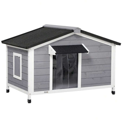 PawHut Casetta per Cani Taglia Piccola e Media in Legno di Abete, Design Rialzato con Tenda Protettiva, 2 Finestre e Fondo Rimovibile, 109x79x72 cm