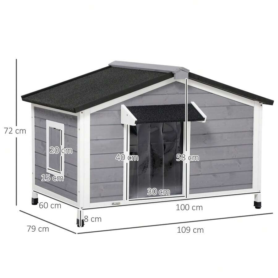 PawHut Casetta per Cani Taglia Piccola e Media in Legno di Abete, Design Rialzato con Tenda Protettiva, 2 Finestre e Fondo Rimovibile, 109x79x72 cm