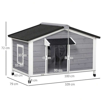 PawHut Casetta per Cani Taglia Piccola e Media in Legno di Abete, Design Rialzato con Tenda Protettiva, 2 Finestre e Fondo Rimovibile, 109x79x72 cm