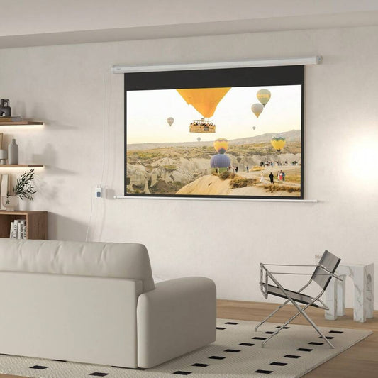 HOMCOM Schermo per Proiettore 84 Pollici 16:9, Telo Proiettore Motorizzato con Telecomando, Montaggio a Muro e Soffitto, 215x8x140cm, Bianco