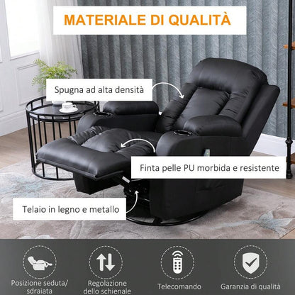 HOMCOM Poltrona Relax Massaggiante Riscaldante, Poltrona Reclinabile fino a 150° in Finta Pelle con 8 Punti di Massaggio e Telecomando, 85x94x104cm