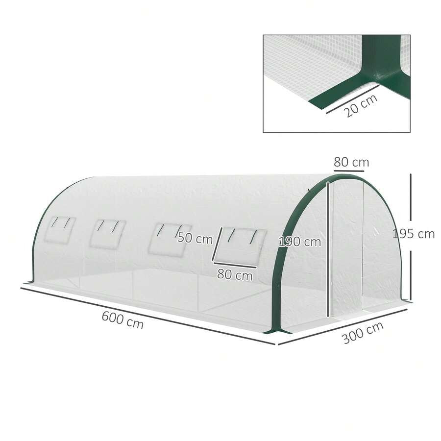Outsunny Serra a Tunnel 6x3 m con 2 Porte a Cerniera e 8 Finestre, Serra per Orto in PE, Poliestere e Acciaio Zincato, Bianco e Verde
