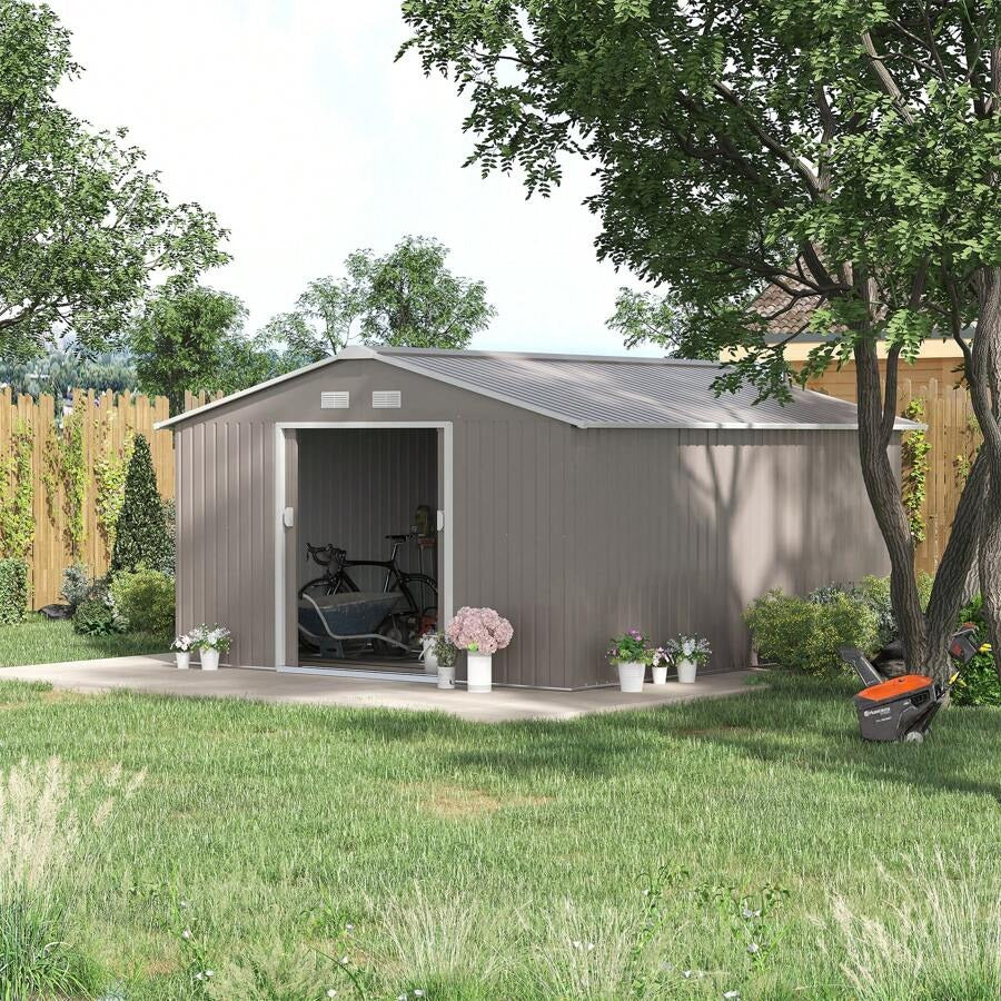Outsunny Casetta da Giardino con Doppie Porte Scorrevoli e Tetto Inclinato, Capanno da Giardino in Acciaio e PP, 3.4x4x2 m, Grigio