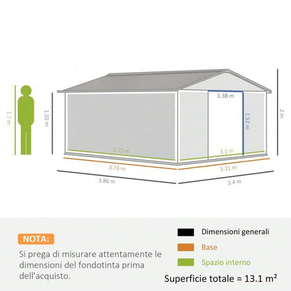 Outsunny Casetta da Giardino con Doppie Porte Scorrevoli e Tetto Inclinato, Capanno da Giardino in Acciaio e PP, 3.4x4x2 m, Grigio