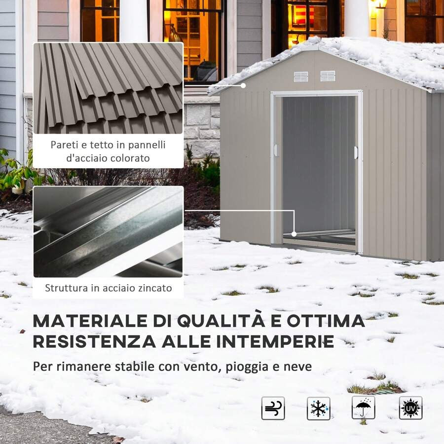 Outsunny Casetta da Giardino con Doppie Porte Scorrevoli e Tetto Inclinato, Capanno da Giardino in Acciaio e PP, 3.4x4x2 m, Grigio