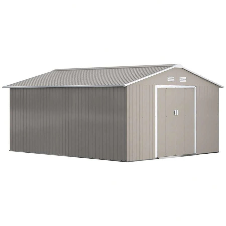 Outsunny Casetta da Giardino con Doppie Porte Scorrevoli e Tetto Inclinato, Capanno da Giardino in Acciaio e PP, 3.4x4x2 m, Grigio