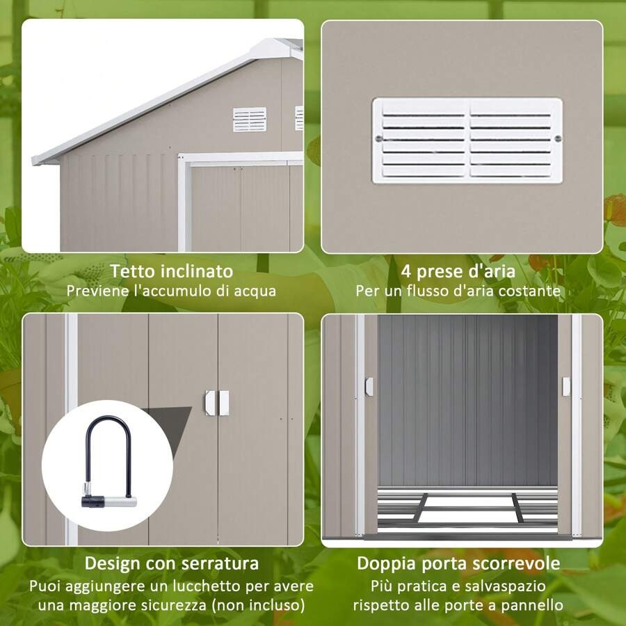 Outsunny Casetta da Giardino con Doppie Porte Scorrevoli e Tetto Inclinato, Capanno da Giardino in Acciaio e PP, 3.4x4x2 m, Grigio