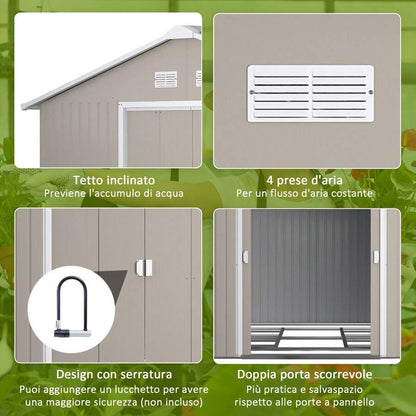 Outsunny Casetta da Giardino con Doppie Porte Scorrevoli e Tetto Inclinato, Capanno da Giardino in Acciaio e PP, 3.4x4x2 m, Grigio