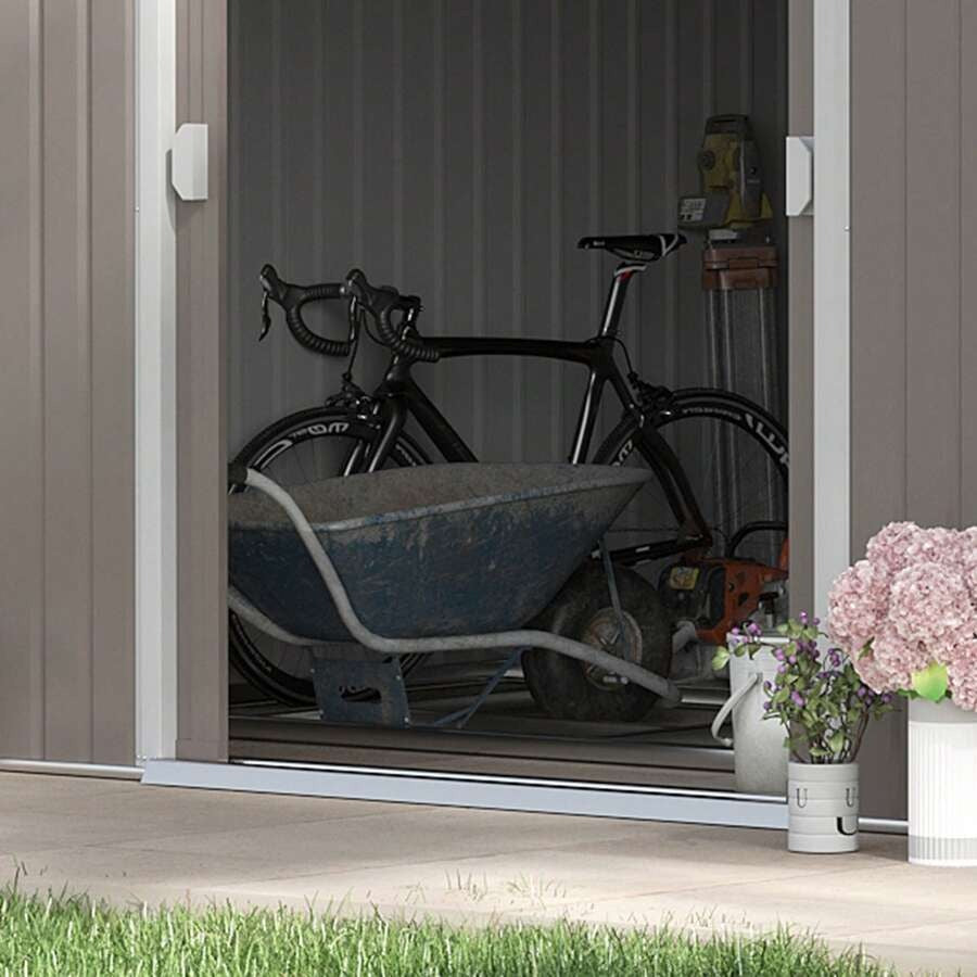 Outsunny Casetta da Giardino con Doppie Porte Scorrevoli e Tetto Inclinato, Capanno da Giardino in Acciaio e PP, 3.4x4x2 m, Grigio