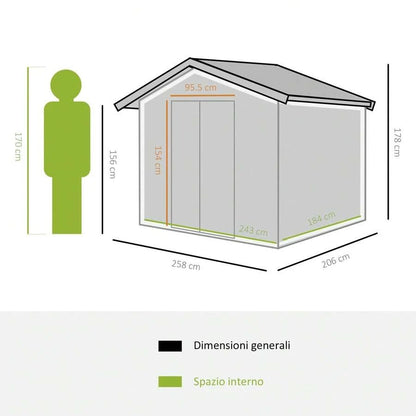 Outsunny Casetta da Giardino Porta Utensili in Lamiera di Acciaio, Capanno da Giardino in Acciaio con Base e Porte Scorrevoli, 258x206x178cm, Verde