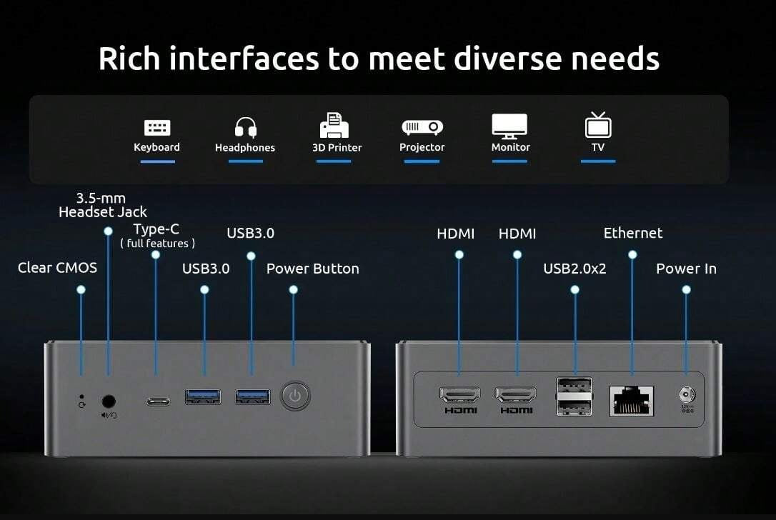 BMAX Mini PC BMAX B4 Plus / Windows 11 / Intel N100 / 16 GB DDR4 + 512 GB SSD / 2*H DMI 1*Type-C / Supporta grafica Intel UHD 4K a 60 Hz e 750 MHz