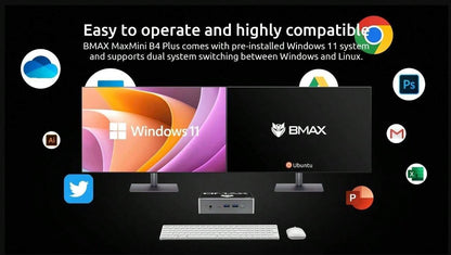 BMAX Mini PC BMAX B4 Plus / Windows 11 / Intel N100 / 16 GB DDR4 + 512 GB SSD / 2*H DMI 1*Type-C / Supporta grafica Intel UHD 4K a 60 Hz e 750 MHz