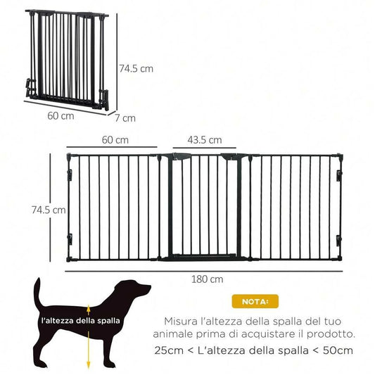 PawHut Cancellino per Cani Taglia Piccola e Media con Struttura Modulabile a 3 Pannelli, Box per Cani Pieghevole in Metallo e Plastica, 180x3x74.5 cm, Nero