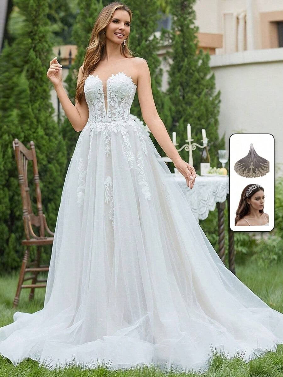 Abito da sposa elegante con contrasto di ricamo in rete e tubo, abito da sposa