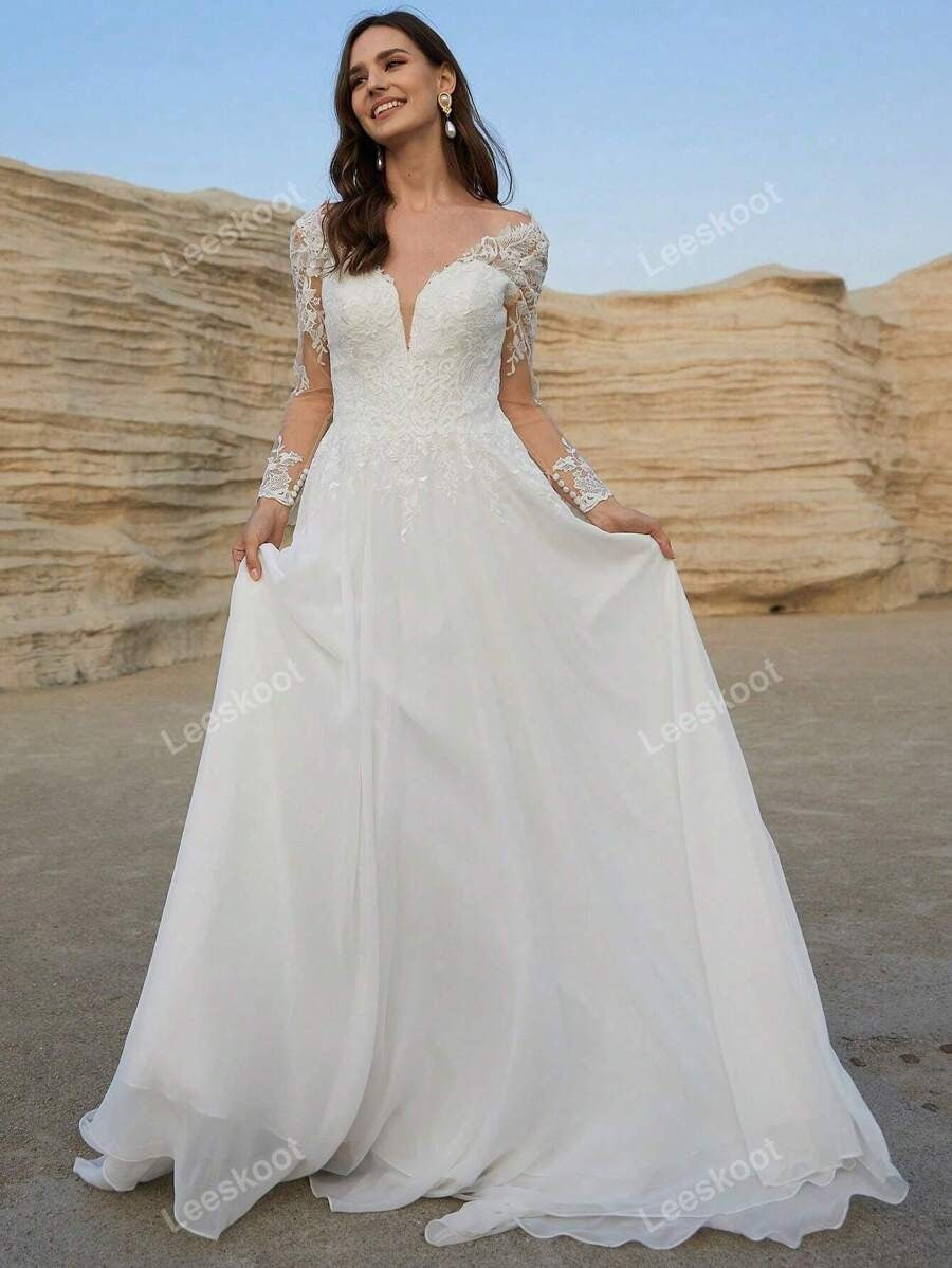 Abiti da sposa di lusso in chiffon con maniche lunghe in illusione di pizzo, abiti da sposa con scollo a V a line, abiti da sposa con cerniera sul retro