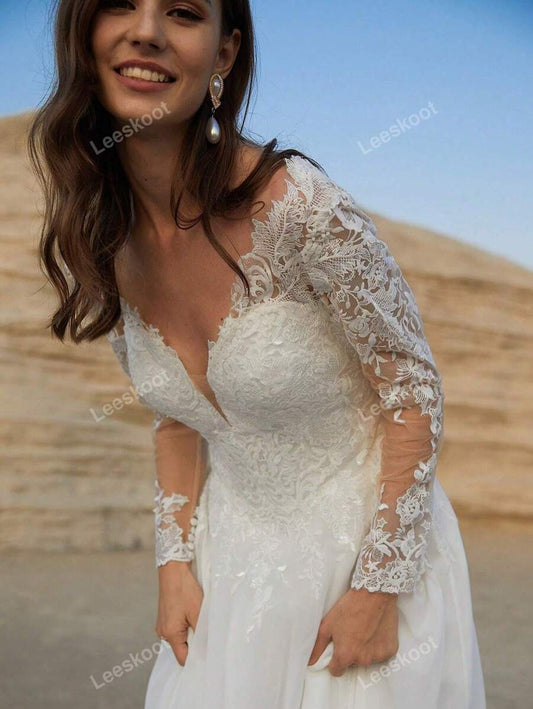 Abiti da sposa di lusso in chiffon con maniche lunghe in illusione di pizzo, abiti da sposa con scollo a V a line, abiti da sposa con cerniera sul retro