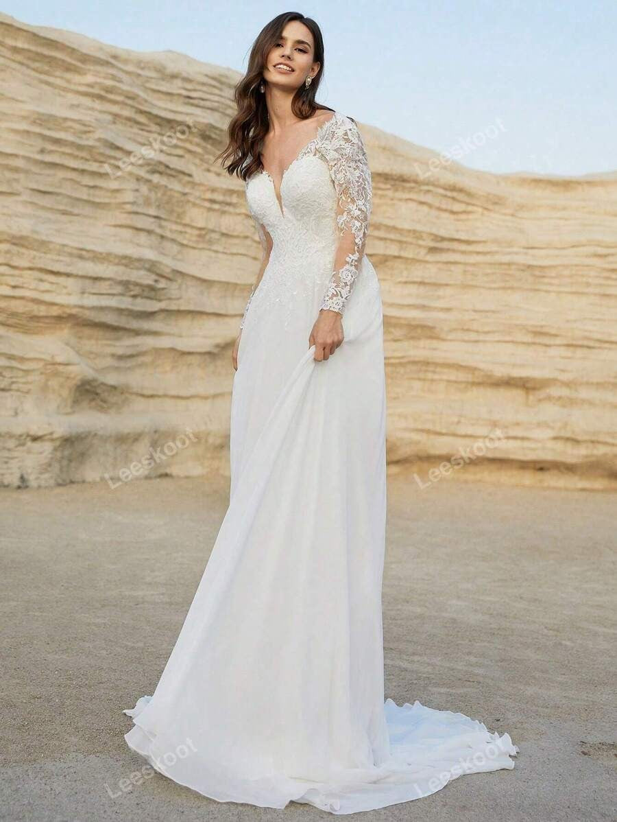 Abiti da sposa di lusso in chiffon con maniche lunghe in illusione di pizzo, abiti da sposa con scollo a V a line, abiti da sposa con cerniera sul retro