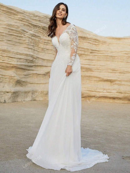Abiti da sposa di lusso in chiffon con maniche lunghe in illusione di pizzo, abiti da sposa con scollo a V a line, abiti da sposa con cerniera sul retro