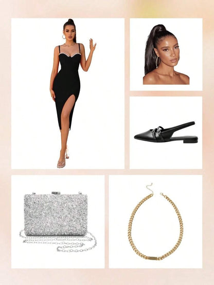 Vestito fasciante da cocktail/cerimonia elegante con spacco alla coscia, decorato con perline e strass, senza schiena, adatto per feste di compleanno, matrimoni, lauree, cene