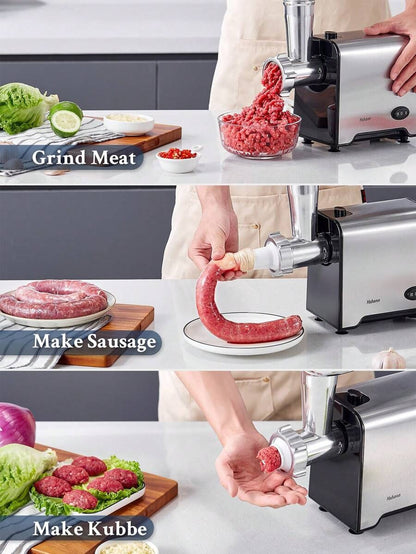 Yabano Yabano Tritacarne Elettrico Professionale, Acciaio Inox, 3 IN 1 Tritacarne per Carne con 3 Piastre di Macinazione, Attacco per Salsiccia e Kubbe