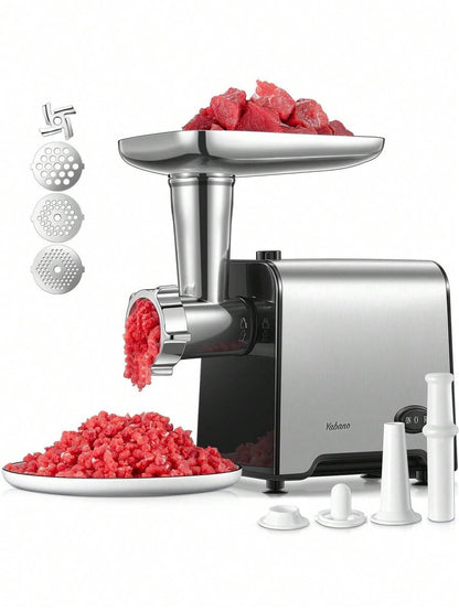 Yabano Yabano Tritacarne Elettrico Professionale, Acciaio Inox, 3 IN 1 Tritacarne per Carne con 3 Piastre di Macinazione, Attacco per Salsiccia e Kubbe