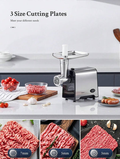 Yabano Yabano Tritacarne Elettrico Professionale, Acciaio Inox, 3 IN 1 Tritacarne per Carne con 3 Piastre di Macinazione, Attacco per Salsiccia e Kubbe