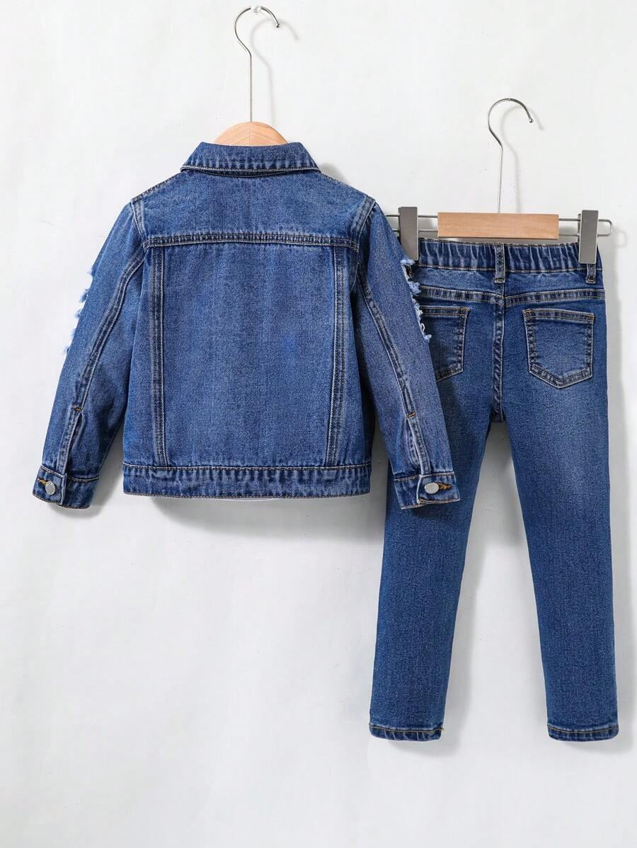 Giacca di jeans a maniche lunghe blu con taglio, strappi e orli sfrangiati in stile casual alla moda e Jeans con design tagliato, strappato e sfrangiato elasticizzato per abiti quotidiani