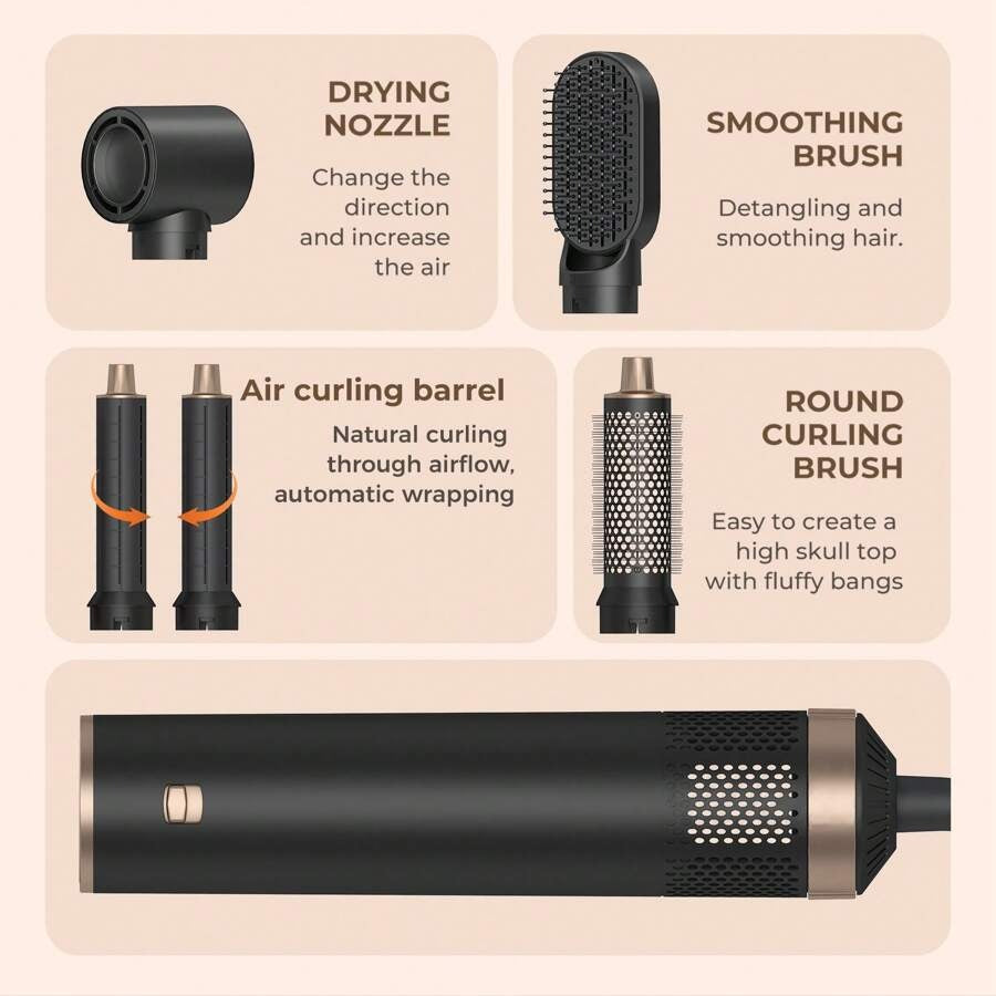 Asciugacapelli a spazzola 5 in 1 nero, set di spazzole ad aria calda rimovibili, set di strumenti per acconciature con ioni negativi, spazzola rotonda per lisciare i capelli con effetto volumizzante