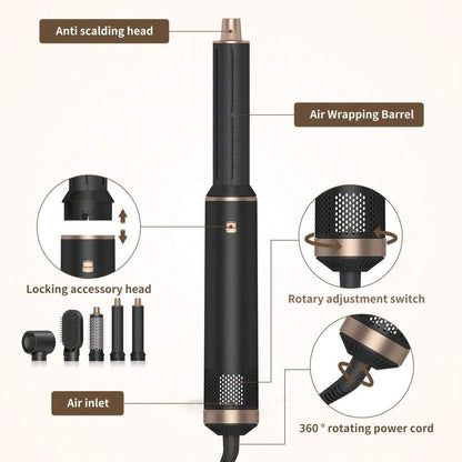 Asciugacapelli a spazzola 5 in 1 nero, set di spazzole ad aria calda rimovibili, set di strumenti per acconciature con ioni negativi, spazzola rotonda per lisciare i capelli con effetto volumizzante