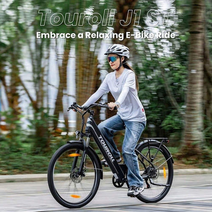 Touroll J1 ST Bicicletta da turismo con motore da 250 W, ruote da 27,5 pollici, batteria da 561,6 Wh, autonomia di 100 km, freno a disco meccanico e freno elettrico (nero)