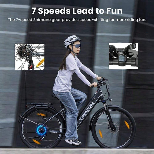 Touroll J1 ST Bicicletta da turismo con motore da 250 W, ruote da 27,5 pollici, batteria da 561,6 Wh, autonomia di 100 km, freno a disco meccanico e freno elettrico (nero)