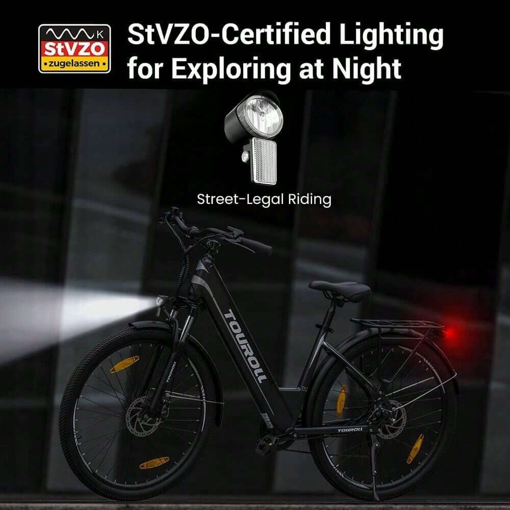 Touroll J1 ST Bicicletta da turismo con motore da 250 W, ruote da 27,5 pollici, batteria da 561,6 Wh, autonomia di 100 km, freno a disco meccanico e freno elettrico (nero)