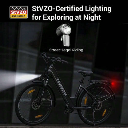 Touroll J1 ST Bicicletta da turismo con motore da 250 W, ruote da 27,5 pollici, batteria da 561,6 Wh, autonomia di 100 km, freno a disco meccanico e freno elettrico (nero)