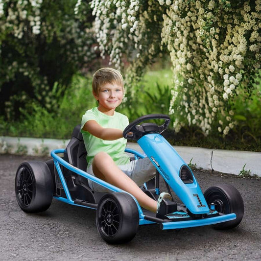 HOMCOM Go Kart Elettrico per Bambini 8-12 Anni, 24V 6-13km/h Drift Go Kart a Pedali per Bambini con Accensione Lenta, Clacson, Musica e Cintura di Sicurezza, Blu e Nero