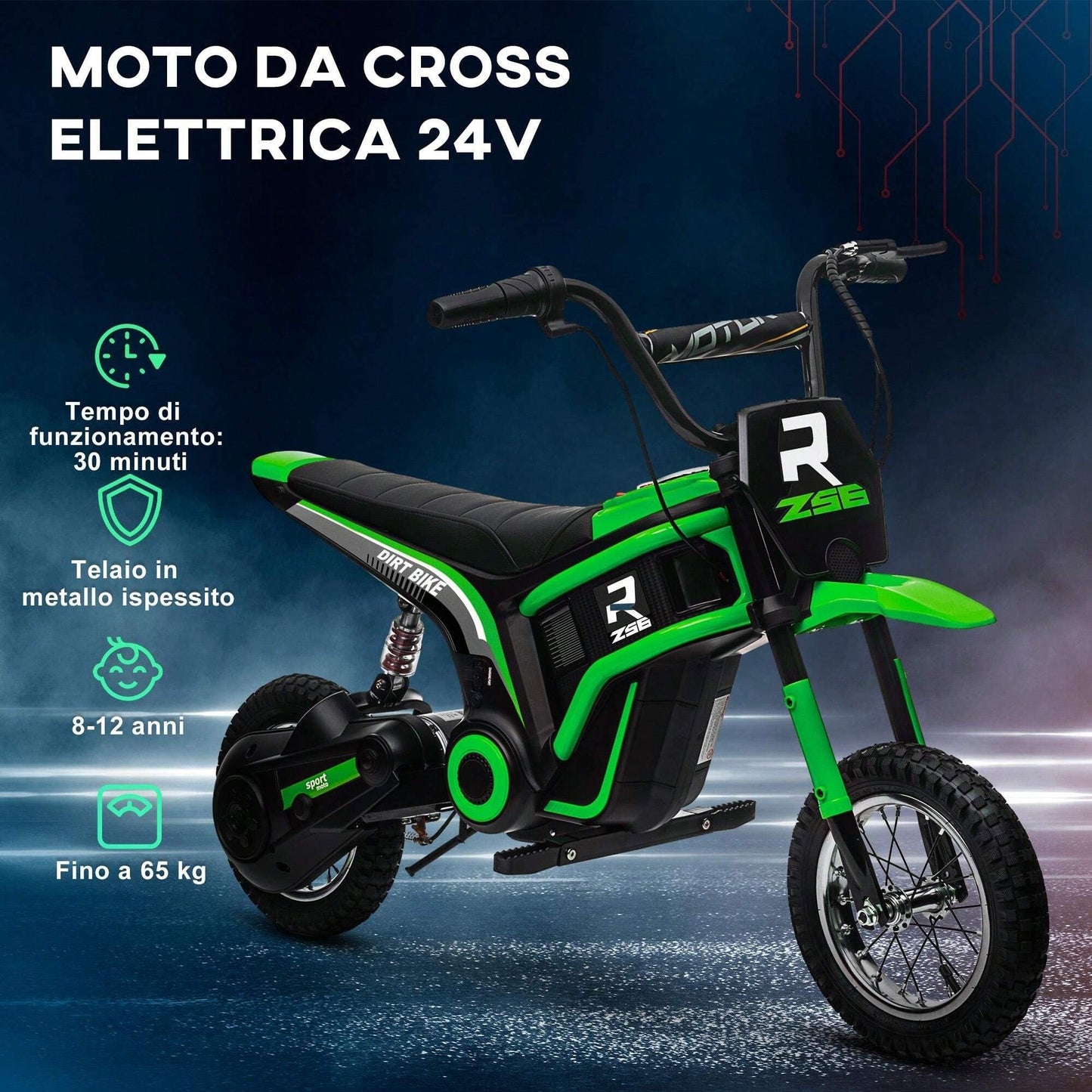 HOMCOM 24V Moto Elettrica per Bambini 8-12 Anni con Acceleratore Manuale, Moto da Cross per Bambini con Luci e Suoni, 2 Velocità 8-16km/h e Ruote 30.5cm