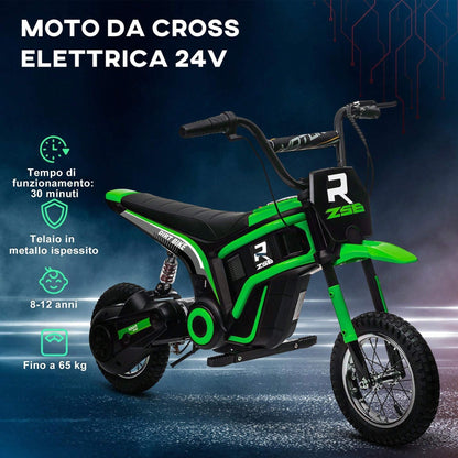 HOMCOM 24V Moto Elettrica per Bambini 8-12 Anni con Acceleratore Manuale, Moto da Cross per Bambini con Luci e Suoni, 2 Velocità 8-16km/h e Ruote 30.5cm