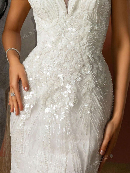 Elegante abito da sposa da donna in colore unito con design semplice in rete, abito da sposa bianco