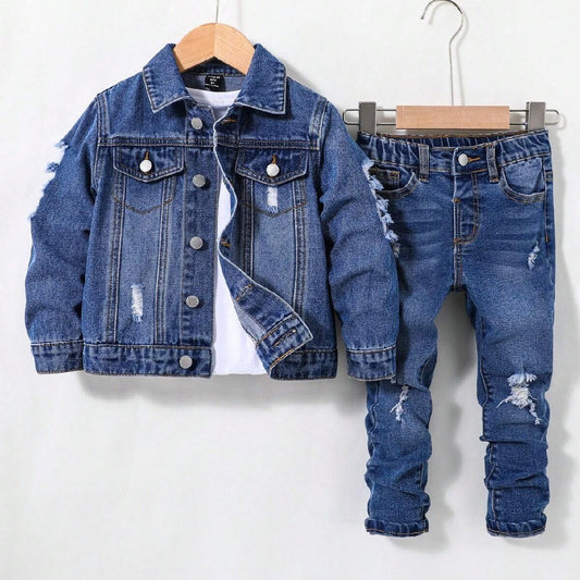 Giacca di jeans a maniche lunghe blu con taglio, strappi e orli sfrangiati in stile casual alla moda e Jeans con design tagliato, strappato e sfrangiato elasticizzato per abiti quotidiani