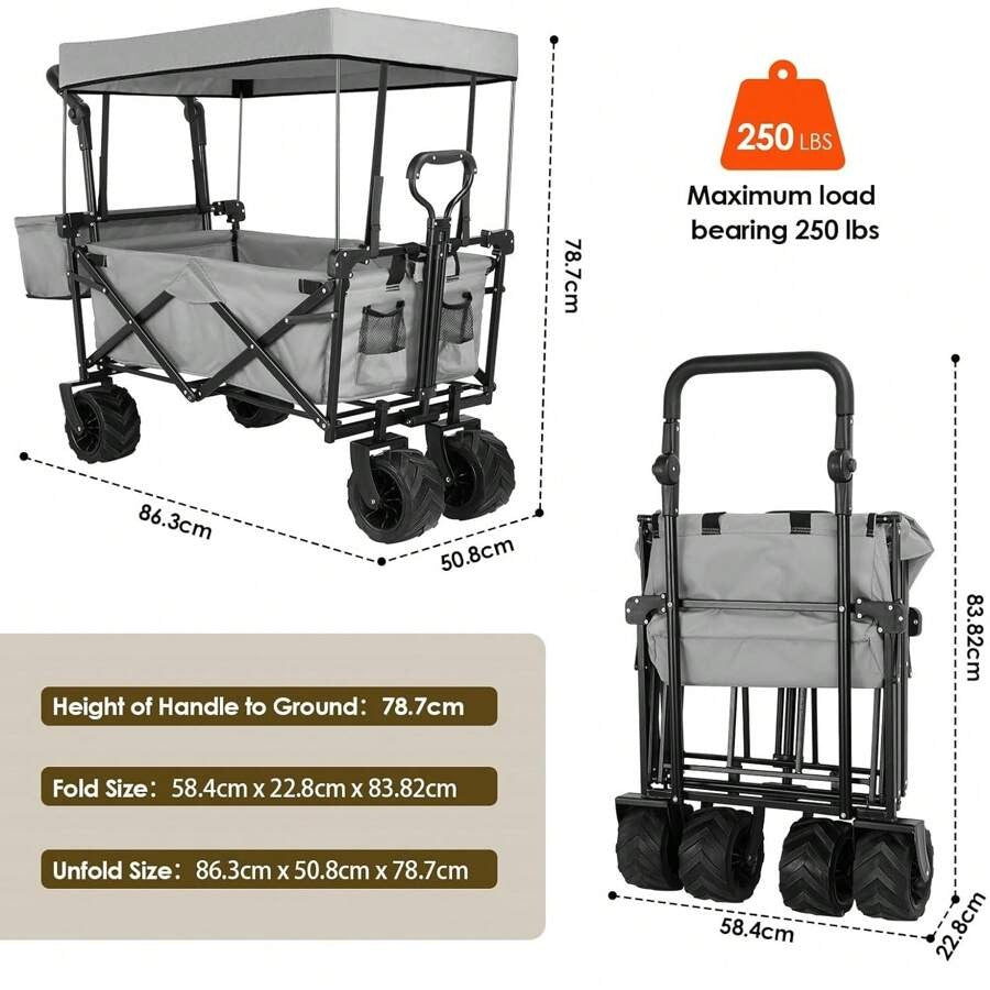 Carrello a mano di grande capacità da 262 litri, carrello da giardino pieghevole, 113 kg, carrello da trasporto per spiaggia con ruote fuoristrada, con portabicchieri e asta telescopica