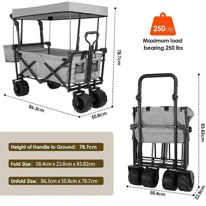 Carrello a mano di grande capacità da 262 litri, carrello da giardino pieghevole, 113 kg, carrello da trasporto per spiaggia con ruote fuoristrada, con portabicchieri e asta telescopica