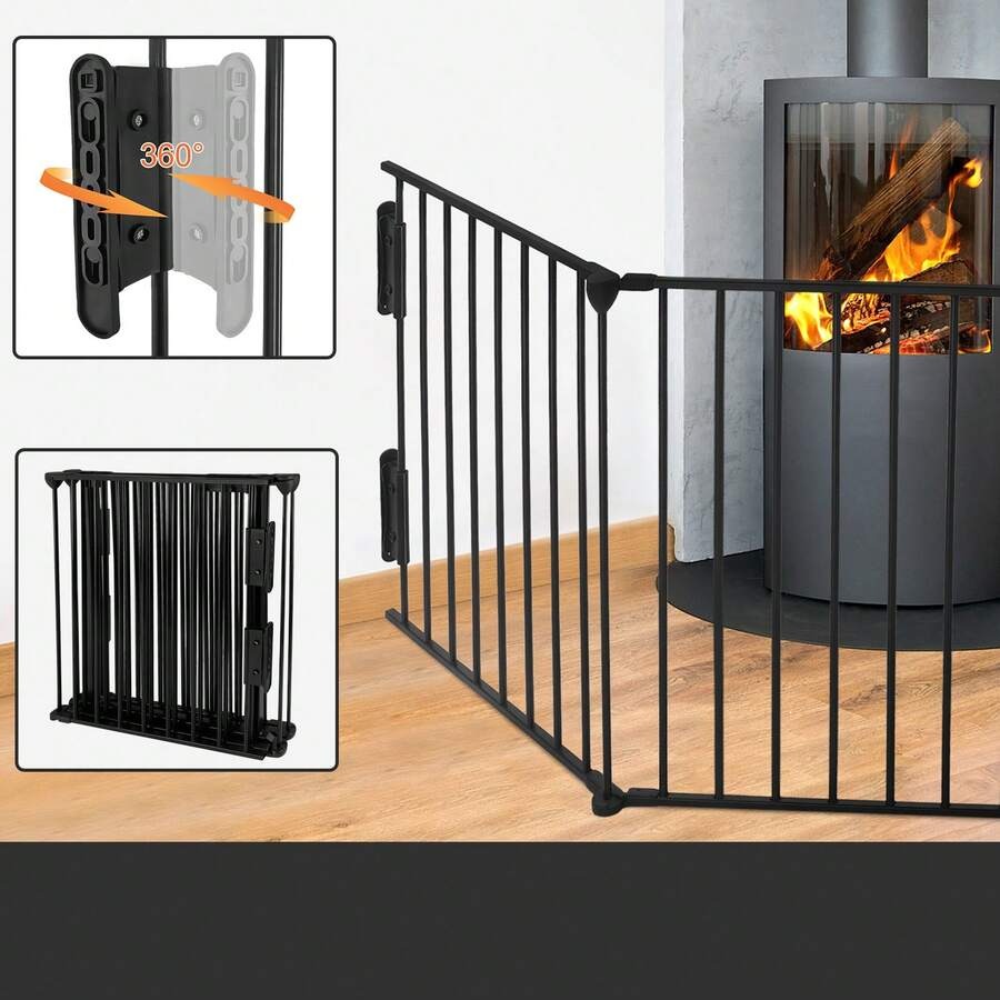 YUENFONG Protezione per Camino in Metallo con Porta, 5 Elementi, Protezione per Forno, Pieghevole, Griglia di Configurazione per la Sicurezza dei Bambini, 300x75x60 cm (Nero)