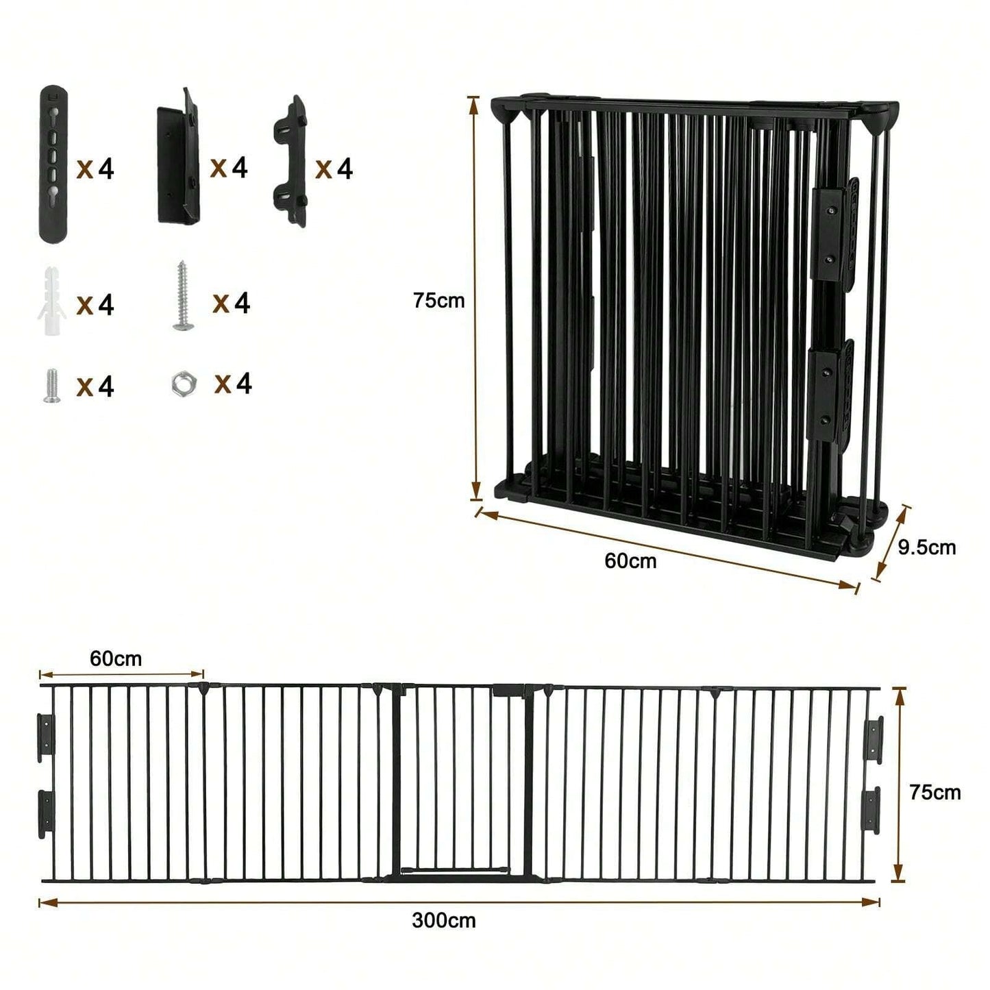 YUENFONG Protezione per Camino in Metallo con Porta, 5 Elementi, Protezione per Forno, Pieghevole, Griglia di Configurazione per la Sicurezza dei Bambini, 300x75x60 cm (Nero)