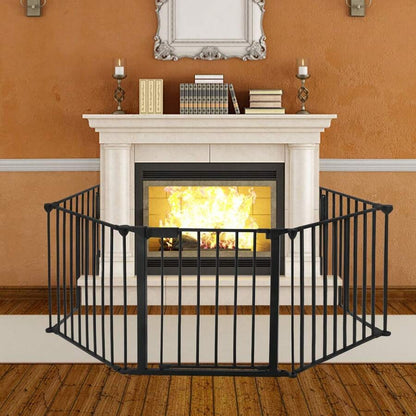 YUENFONG Protezione per Camino in Metallo con Porta, 5 Elementi, Protezione per Forno, Pieghevole, Griglia di Configurazione per la Sicurezza dei Bambini, 300x75x60 cm (Nero)