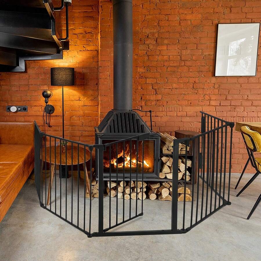 YUENFONG Protezione per Camino in Metallo con Porta, 5 Elementi, Protezione per Forno, Pieghevole, Griglia di Configurazione per la Sicurezza dei Bambini, 300x75x60 cm (Nero)