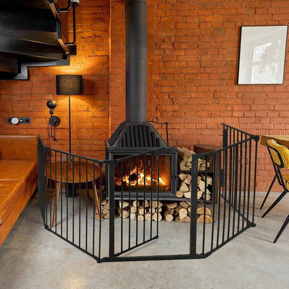 YUENFONG Protezione per Camino in Metallo con Porta, 5 Elementi, Protezione per Forno, Pieghevole, Griglia di Configurazione per la Sicurezza dei Bambini, 300x75x60 cm (Nero)