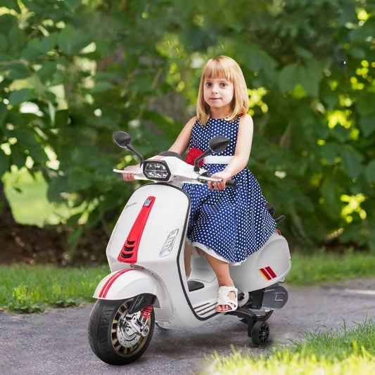 Aiyaplay Moto Elettrica per Bambini 3-8 Anni a Licenza Vespa con Rotelle, Fanale e Musica, Moto Giocattolo in PP e Metallo, 107x47x73 cm