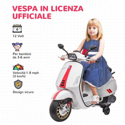 Aiyaplay Moto Elettrica per Bambini 3-8 Anni a Licenza Vespa con Rotelle, Fanale e Musica, Moto Giocattolo in PP e Metallo, 107x47x73 cm