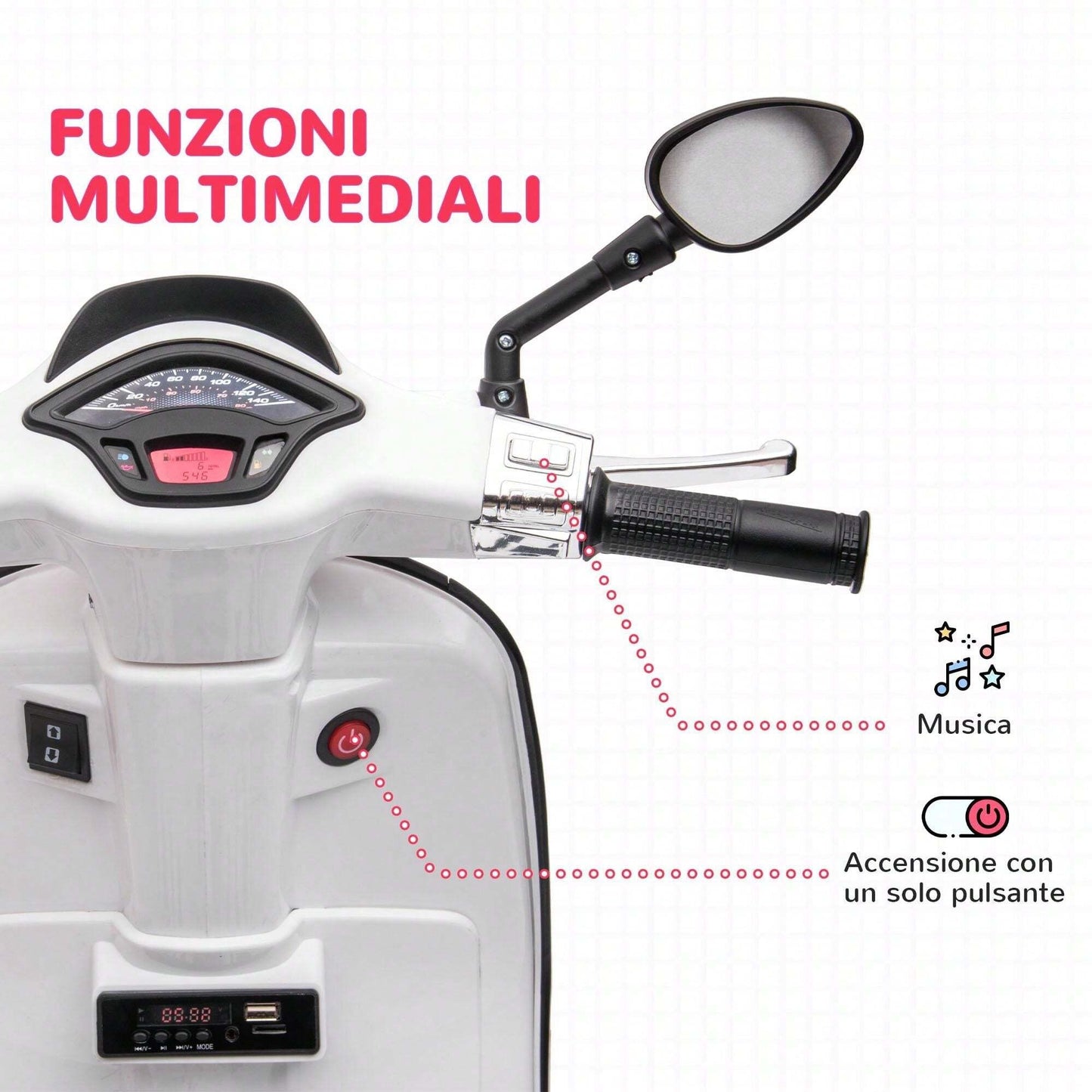 Aiyaplay Moto Elettrica per Bambini 3-8 Anni a Licenza Vespa con Rotelle, Fanale e Musica, Moto Giocattolo in PP e Metallo, 107x47x73 cm